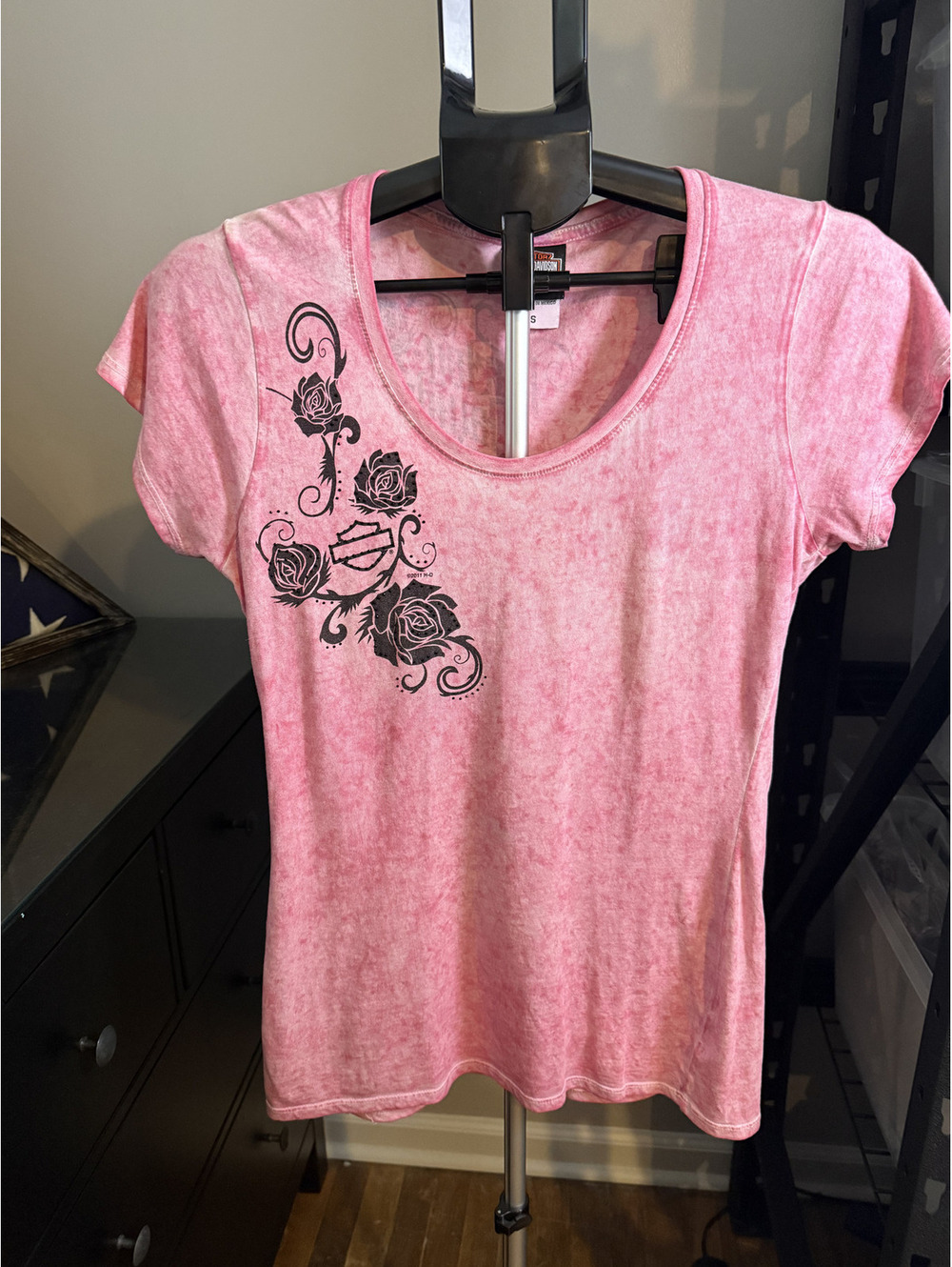 Harley Davidson Women’s Small Pink Acid Wash Rose Graphic T Shirt Miami